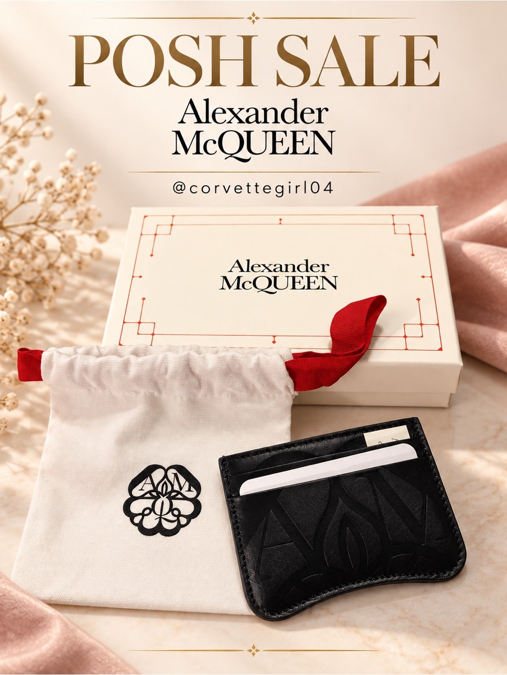 New/Unused Alexander McQueen Black Embossed Leather Card Sleeve